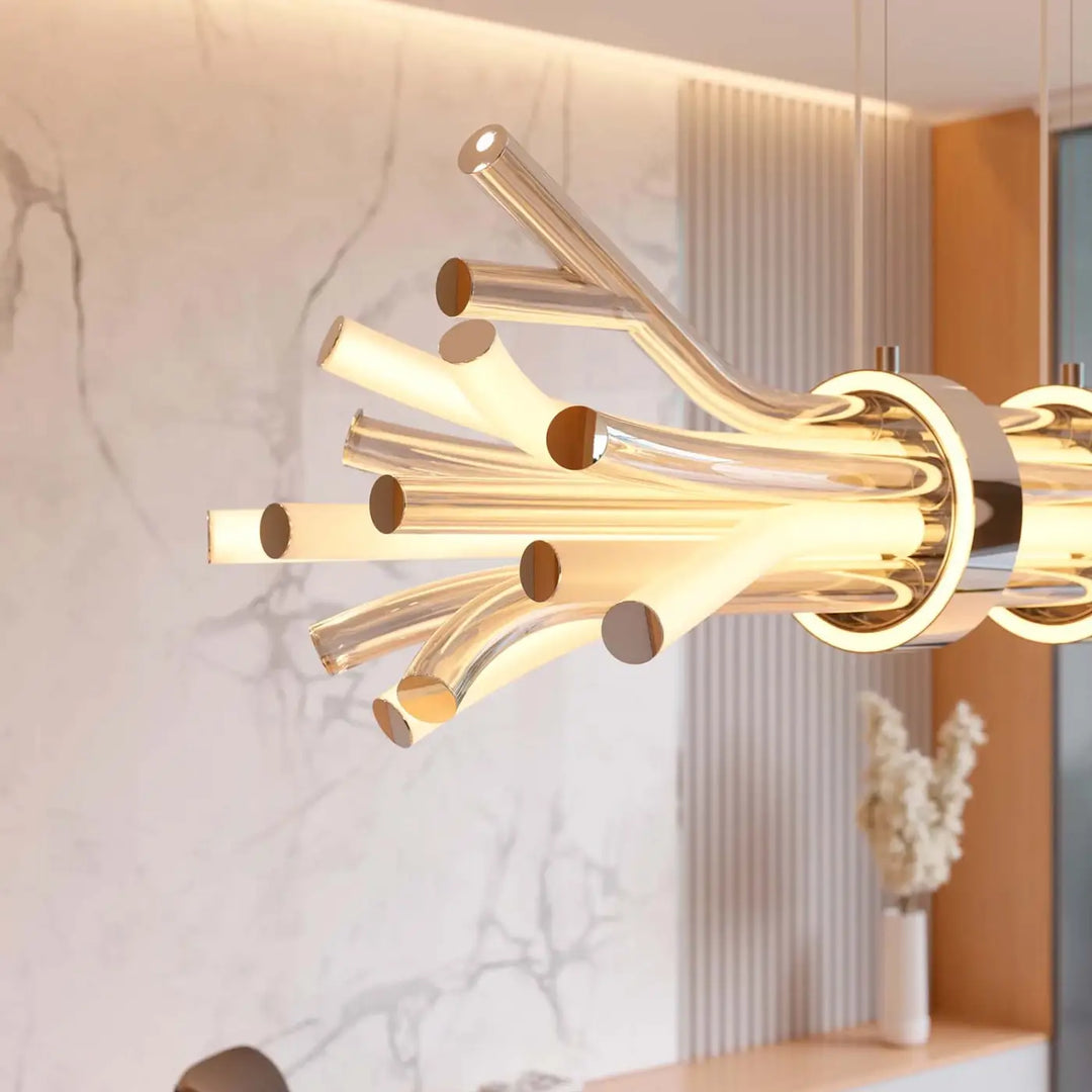 Suspension led branchy dorée avec bras modernes et cylindres lumineux pour un éclairage intérieur contemporain