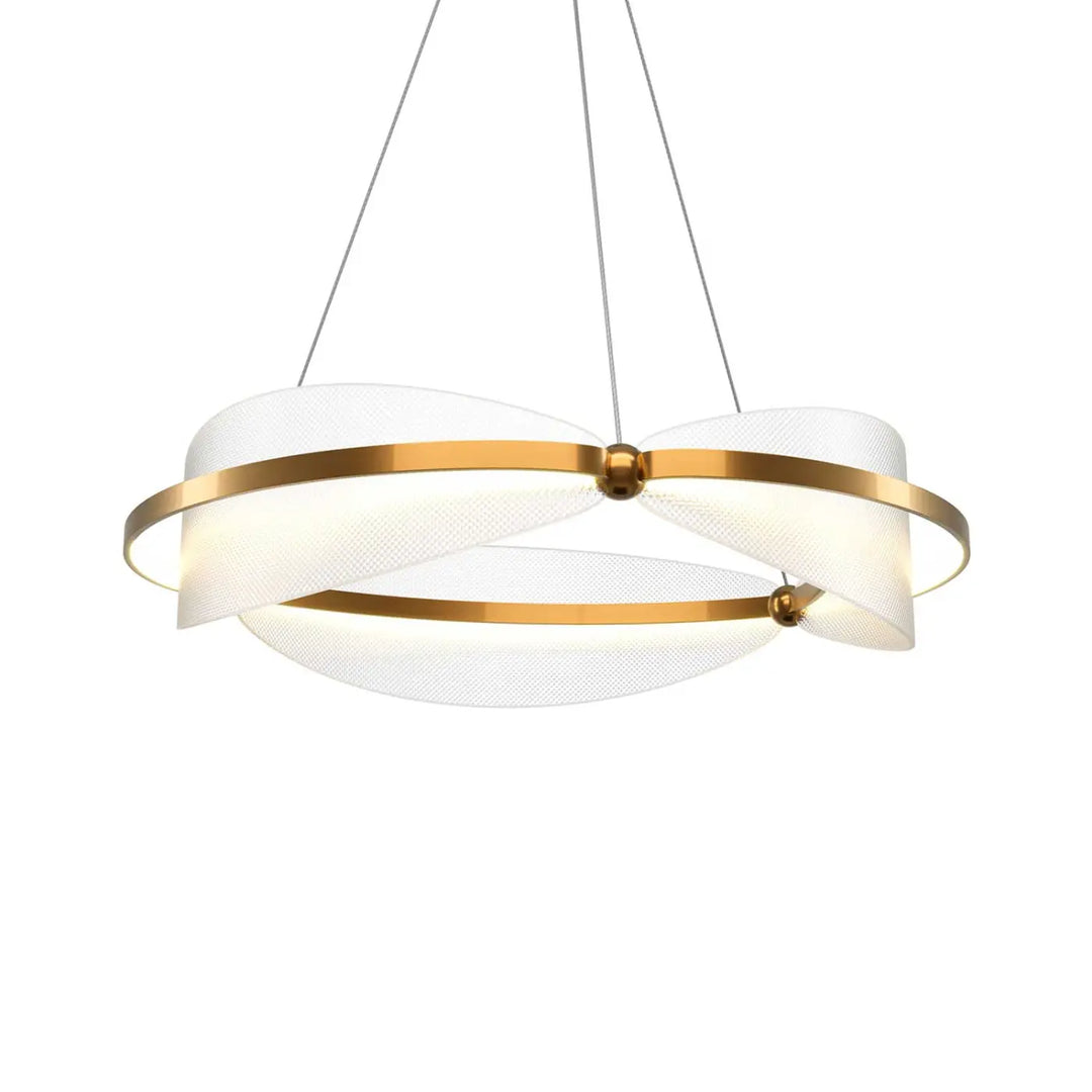 Suspension luminaire breeze anneau en anneau doré moderne avec abat-jours en maille translucide en acrylique texturé au-dessus d’une table