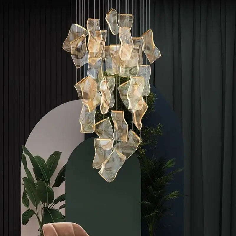 Suspension Cascade Design Verre Sculptural Pour Escalier

