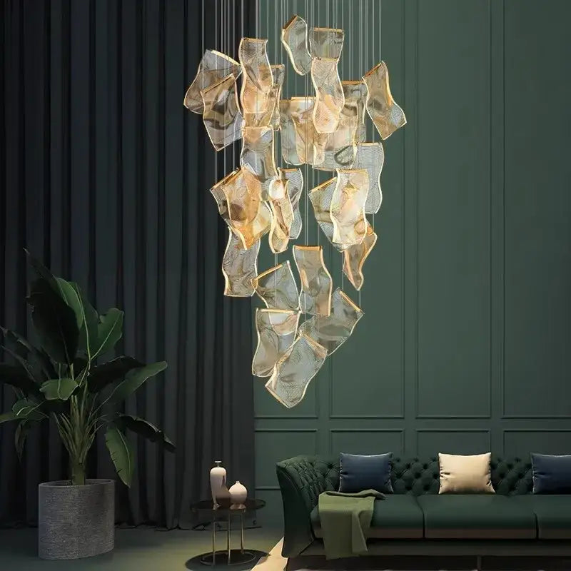 Suspension Cascade Design Verre Sculptural Pour Escalier


