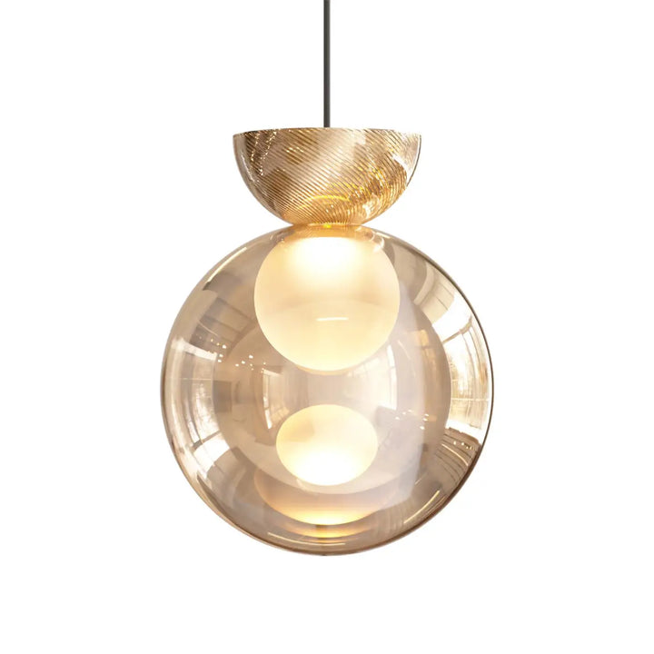 Suspension luminaire charm sphère avec globe lumineux en verre sablé ambré et métal texturé doré moderne