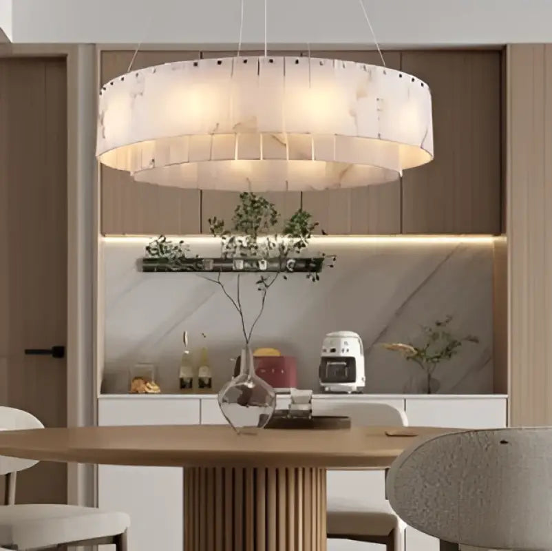 Suspension circulaire effet marbre led design blanc chic