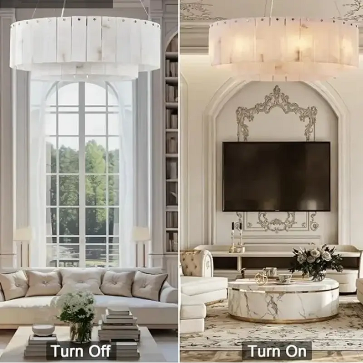 Suspension circulaire effet marbre led design blanc chic