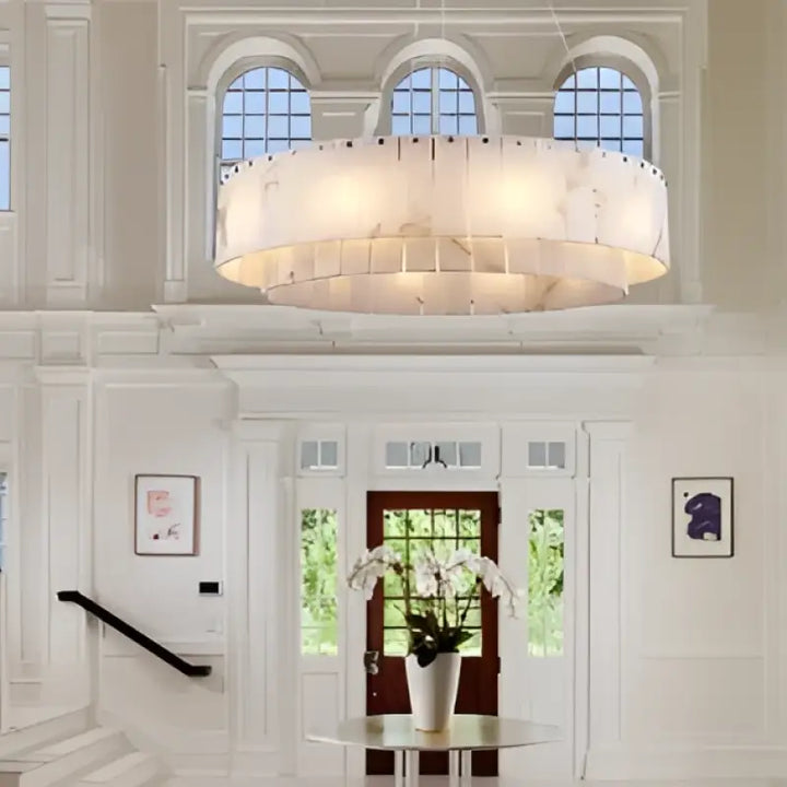 Suspension circulaire effet marbre led design blanc chic