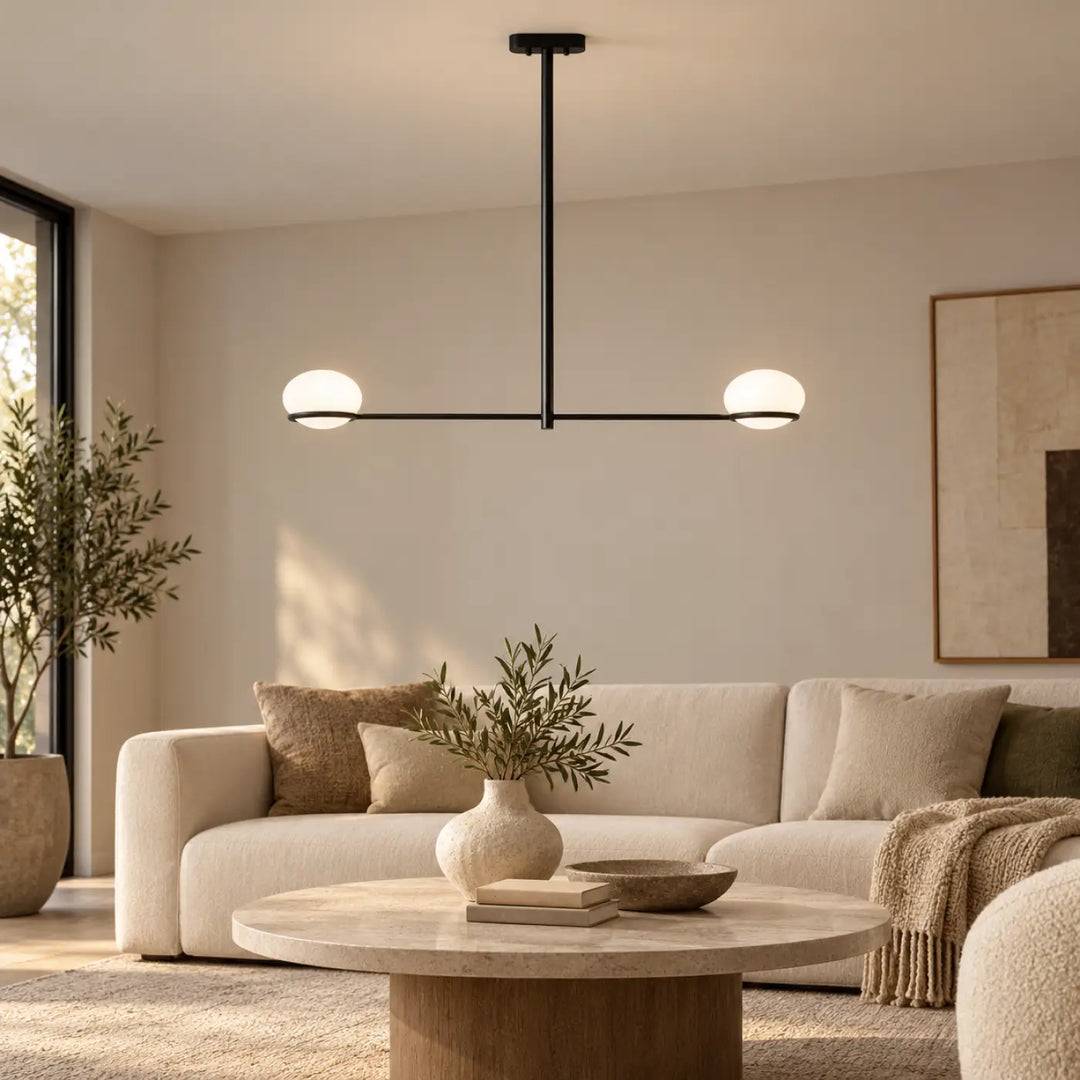 Suspension coco en métal noir avec deux globes blancs en polycarbonate opale pour une lumière moderne