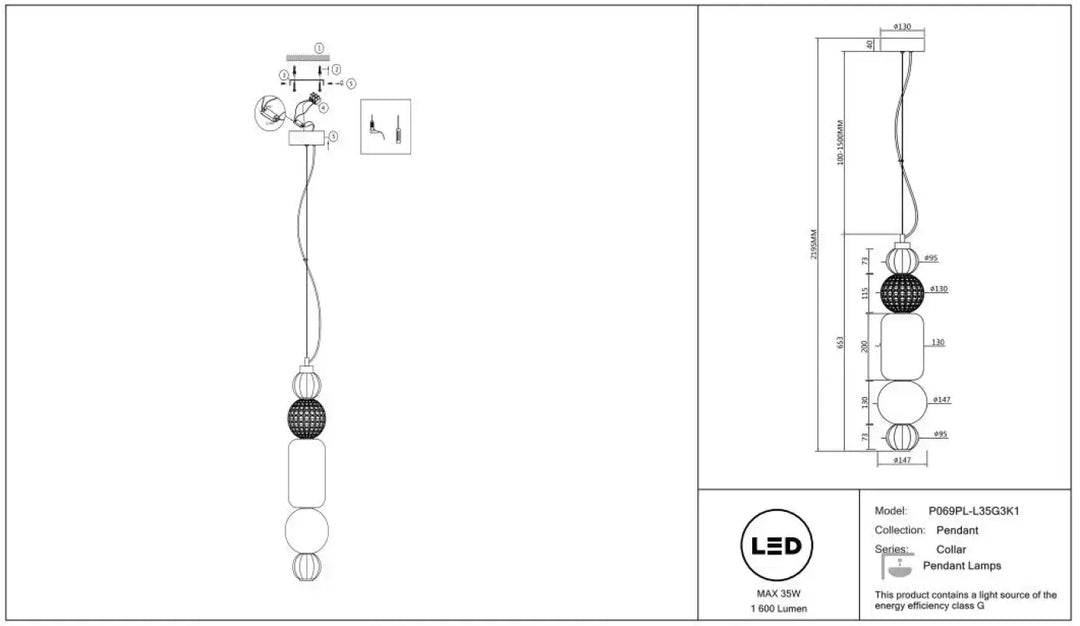 Suspension collar led en métal doré avec cinq diffuseurs ronds en globes de verre suspendus sur une chaîne modèle p069pl_35g3k1