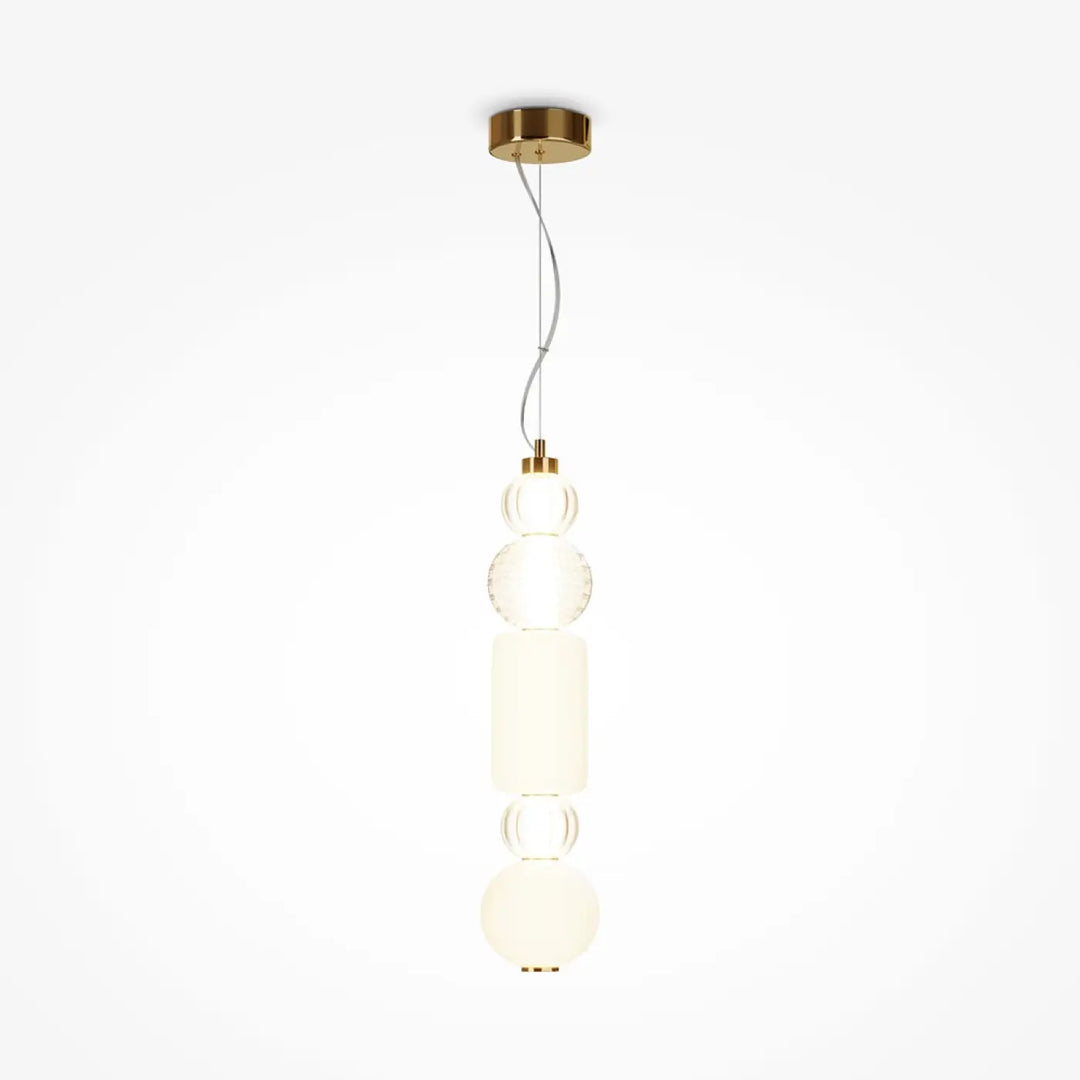 Suspension collar métal doré avec cinq diffuseurs ronds en sphères cristal clair et cylindres blancs opaques