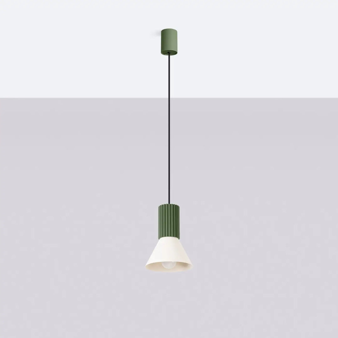 Suspension Estria beige et vert olive à cône cannelé, éteinte