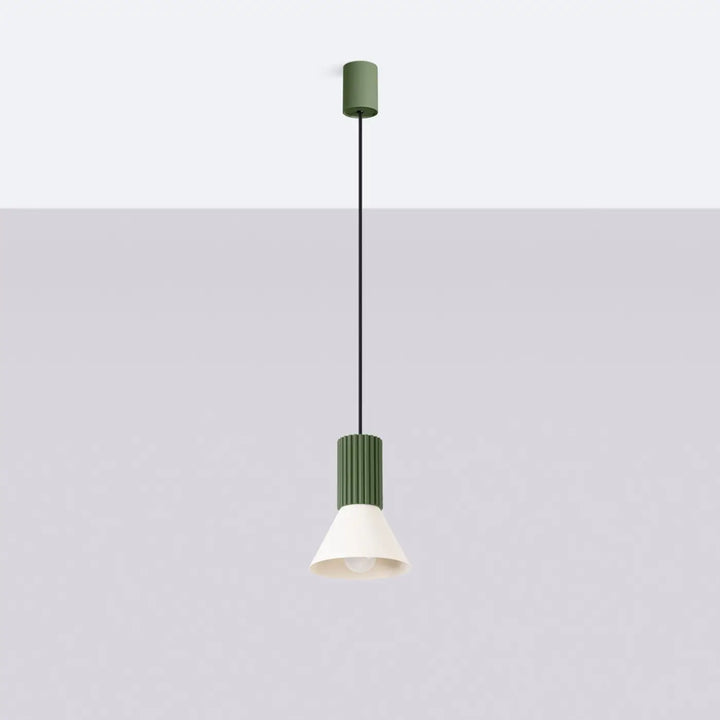Suspension Estria beige et vert olive à cône cannelé, éteinte
