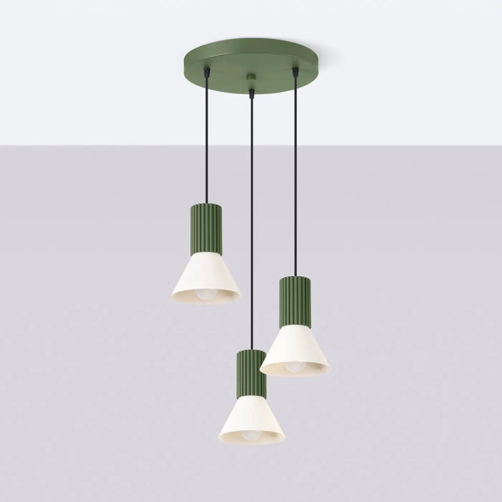 Suspension Estria beige et vert olive à cône cannelé, éteinte