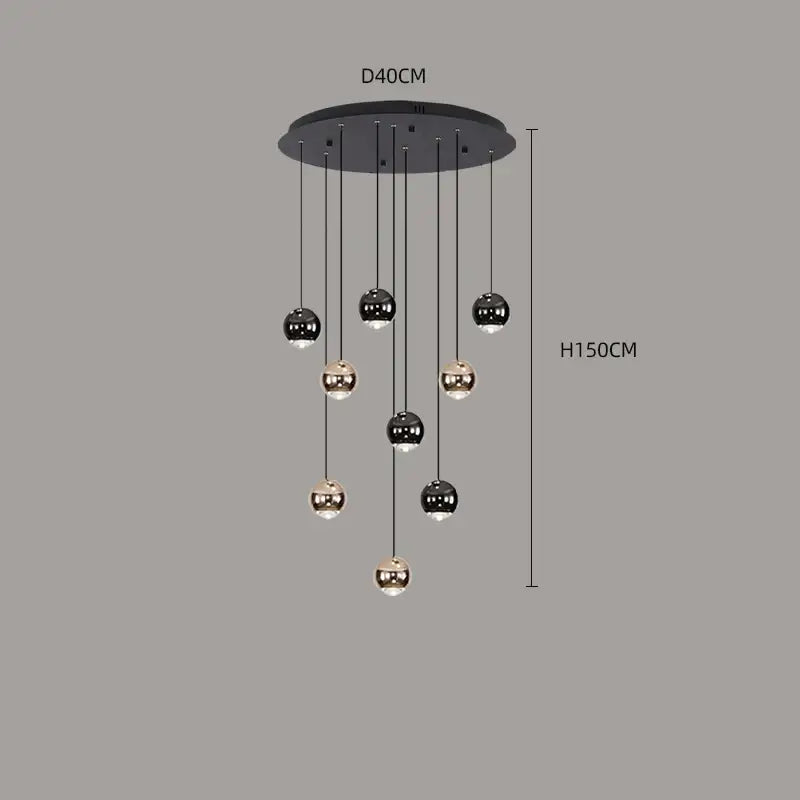 Suspension Contemporaine Cascade Boules Noires Dorées