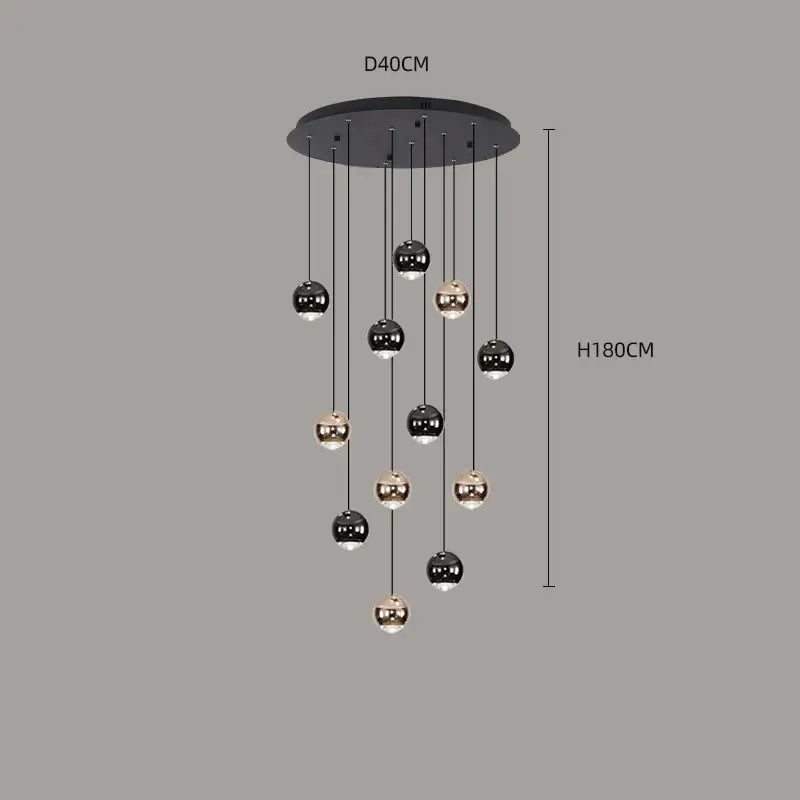 Suspension Contemporaine Cascade Boules Noires Dorées