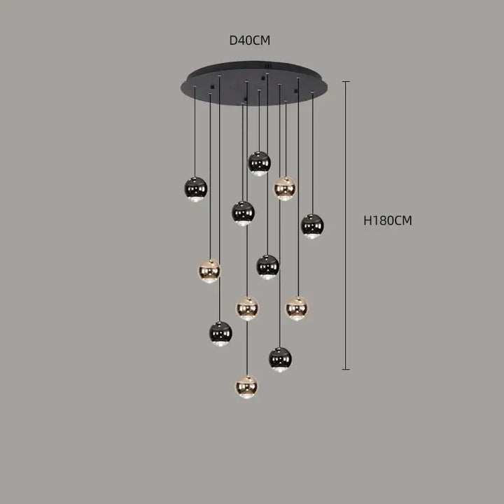 Suspension Contemporaine Cascade Boules Noires Dorées