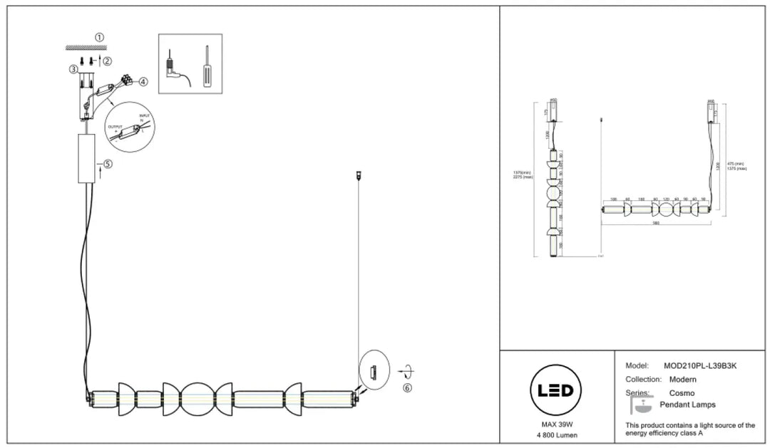 Suspension luminaire cosmo linéaire avec led linéaire et verre strié en design moderne ajustable par chaîne