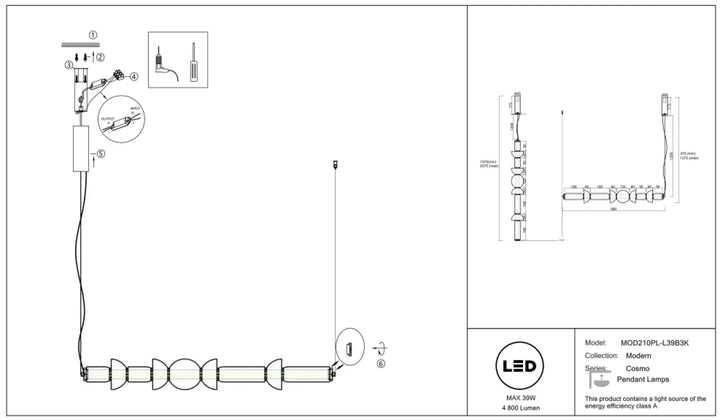 Suspension luminaire cosmo linéaire avec led linéaire et verre strié en design moderne ajustable par chaîne