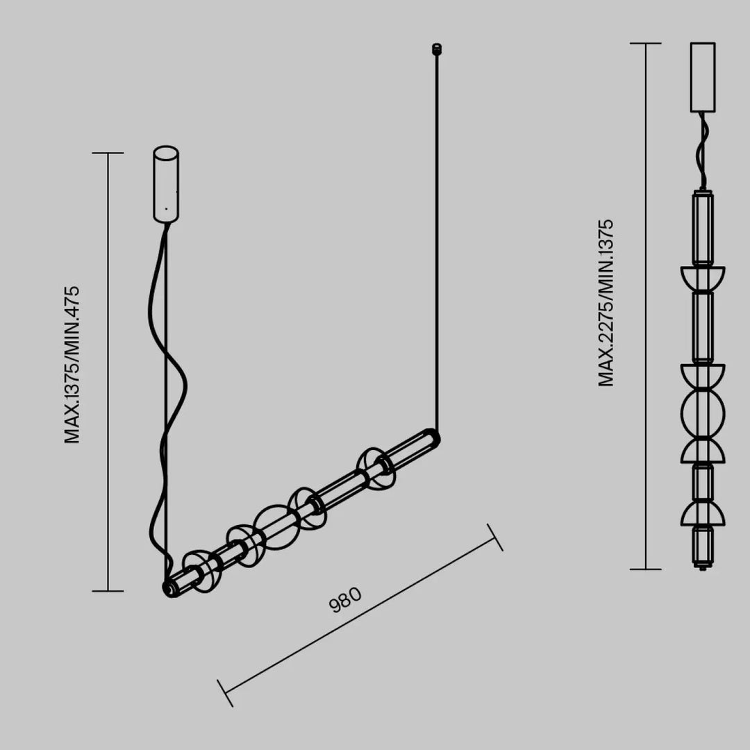 Suspension luminaire cosmo linéaire led linéaire en finition noire mate avec éléments cylindriques et sphériques modernes