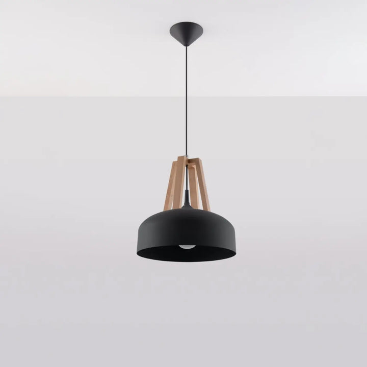 Suspension Casco à coupole noire à montants en bois naturel, éteinte