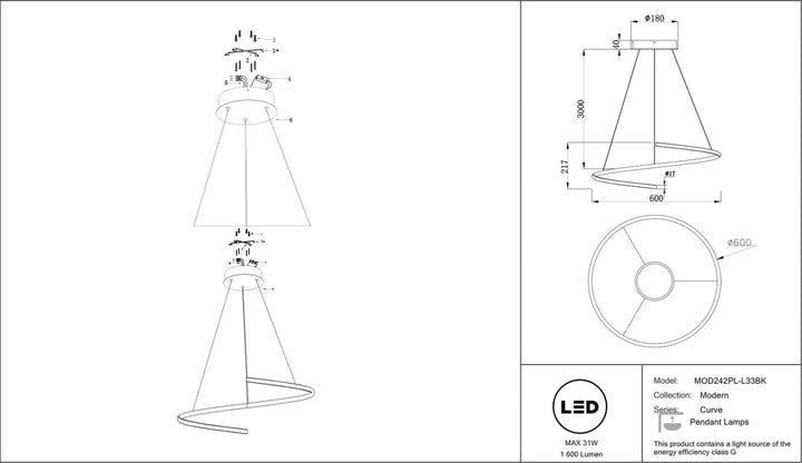 Suspension curve anneau ondulé en aluminium noir avec éclairage led modèle mod24zpl-l38k moderne et élégant