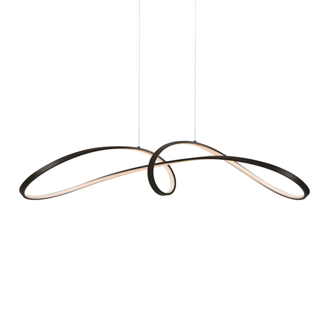 Suspension curve en aluminium noir avec nœud infini et anneaux ovales entrelacés offrant une lumière led chaleureuse
