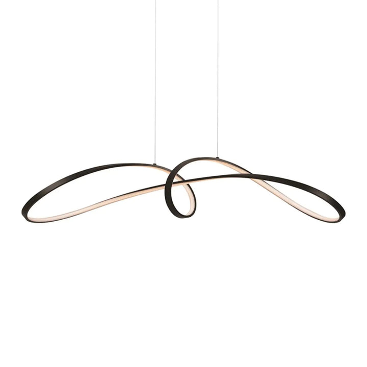 Suspension curve en aluminium noir avec nœud infini et anneaux ovales entrelacés offrant une lumière led chaleureuse