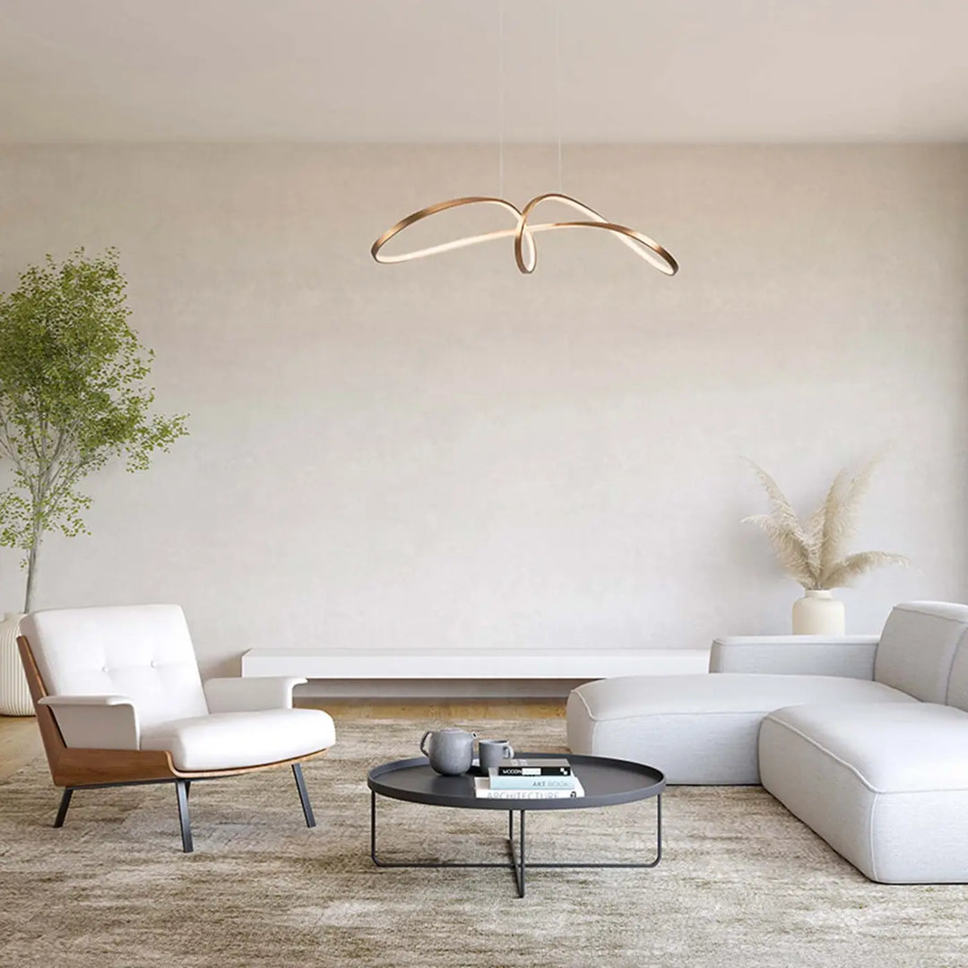 Suspension luminaire curve en aluminium noir avec design minimaliste doré nœud infini aux courbes fluides