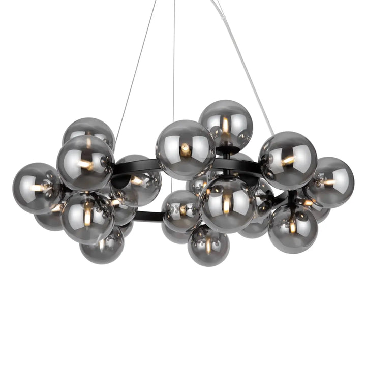 Suspension circulaire dallas circulaire noire en métal avec vingt-cinq globes en verre gris réfléchissant
