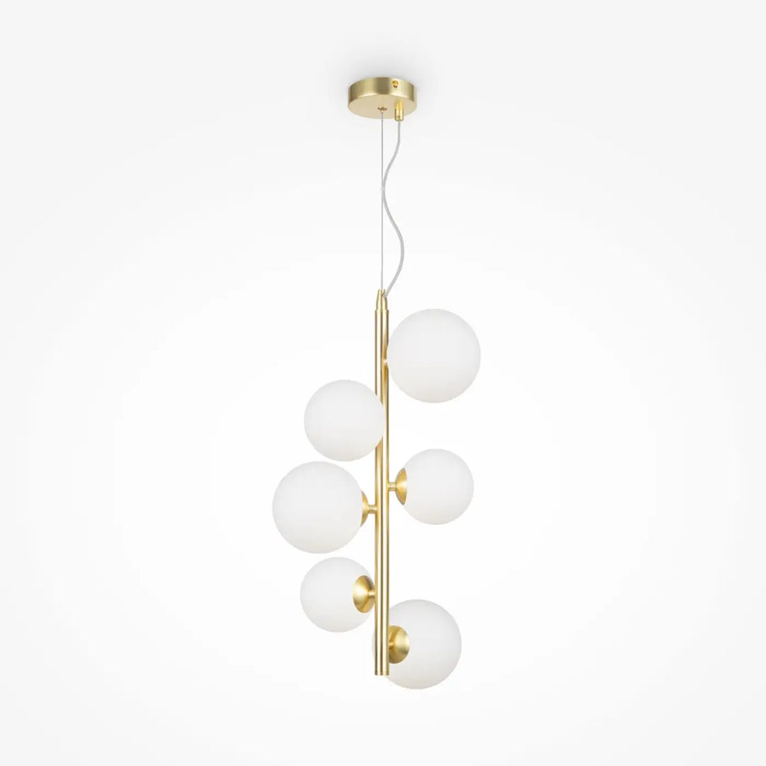 Suspension dallas compacte en métal doré avec six globes en verre dépoli disposés en grappe verticale