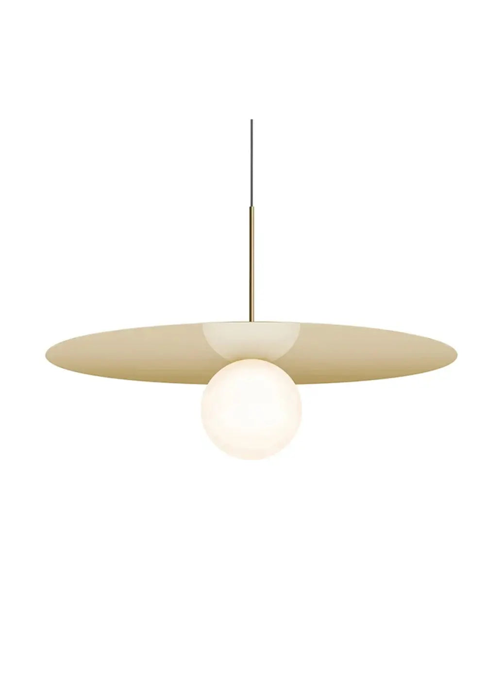Suspension Bola Disc dorée, disque de 81 cm et globe en verre opale