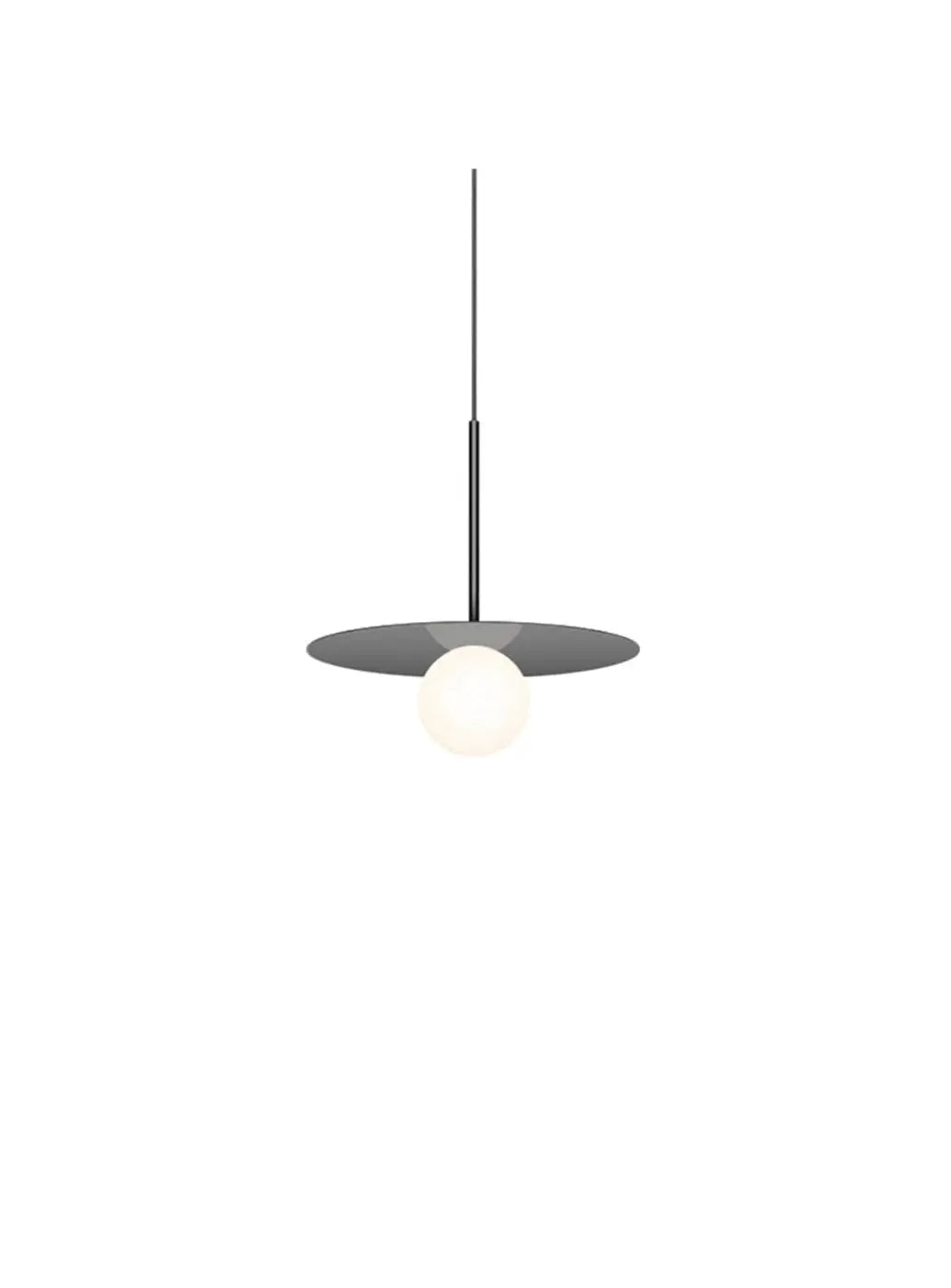 Suspension Bola Disc grise, disque de 30 cm et globe en verre opale
