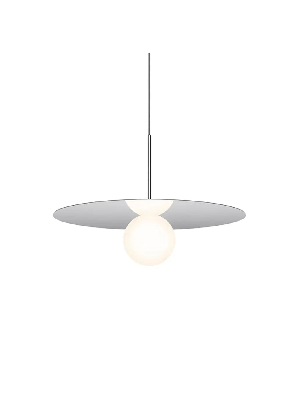 Suspension Bola Disc argentée, disque de 56 cm et globe en verre opale