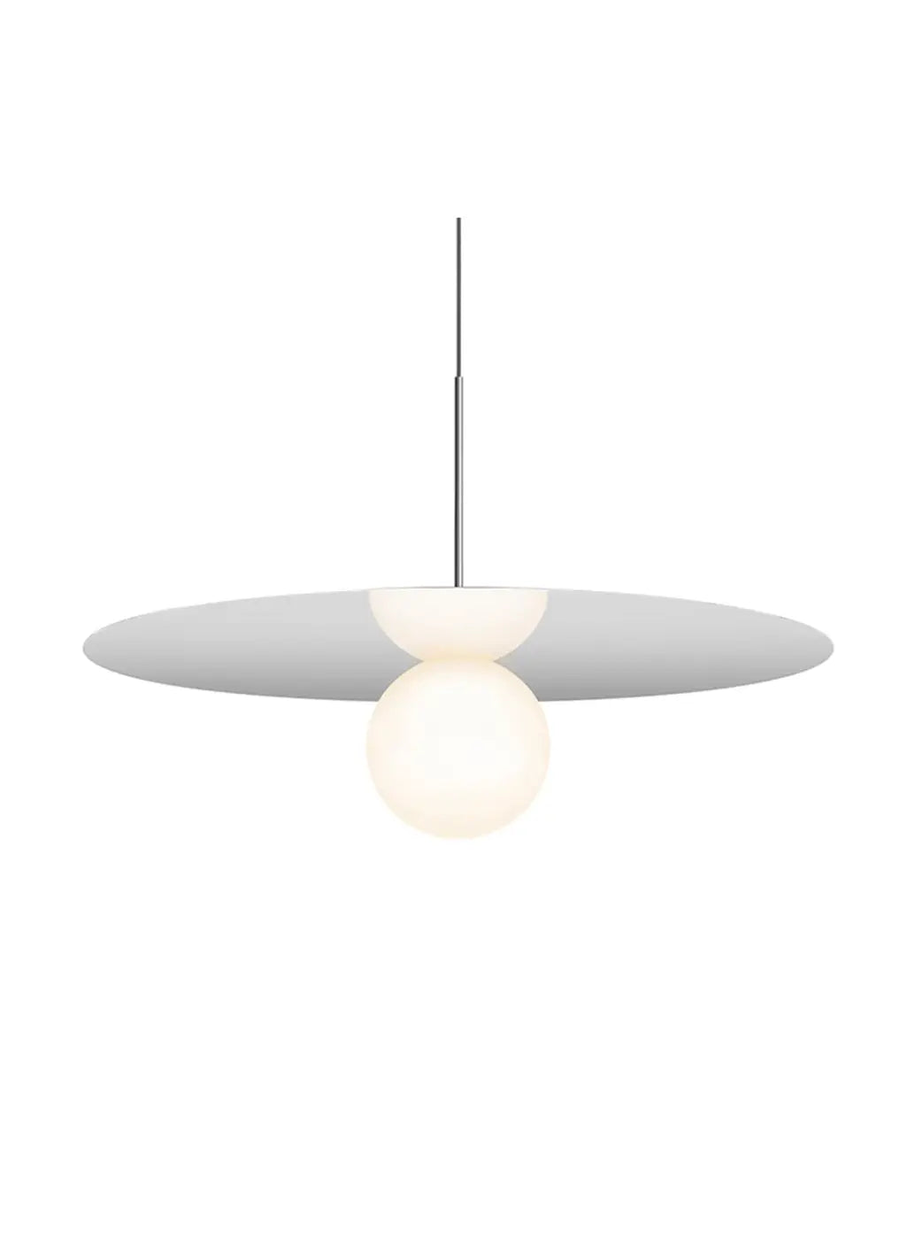 Suspension Bola Disc argentée, disque de 81 cm et globe en verre opale