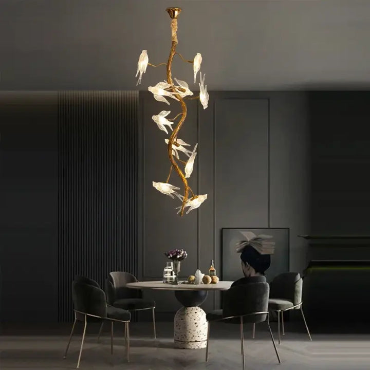 Suspension Design Branche Dorée Avec Fleurs Lumineuses
