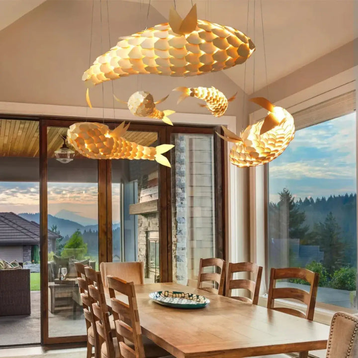 Wabi Sabi Handmade Wooden Fish Pendant Light Japanese Vintage LED hanging Light Living Room Hotel Lobby Club Dining