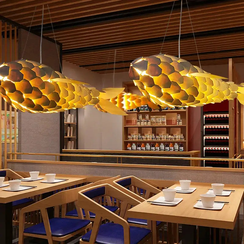 Wabi Sabi Handmade Wooden Fish Pendant Light Japanese Vintage LED hanging Light Living Room Hotel Lobby Club Dining