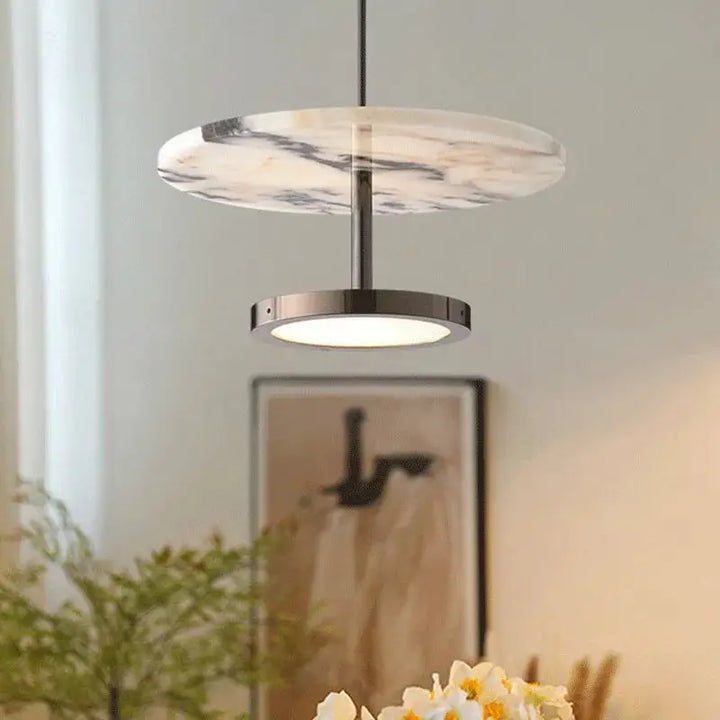 Suspension Design Marbre Moderne Avec Disque Veiné Et Anneau Led