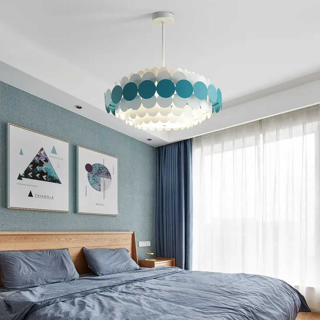 Suspension luminaire calou plafond chandelier minimaliste en verre translucide teal et blanc design circulaire