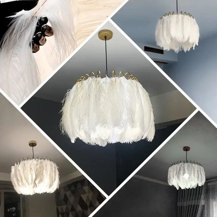 Suspension Design Plumes Blanches Élégante Doré Chic
