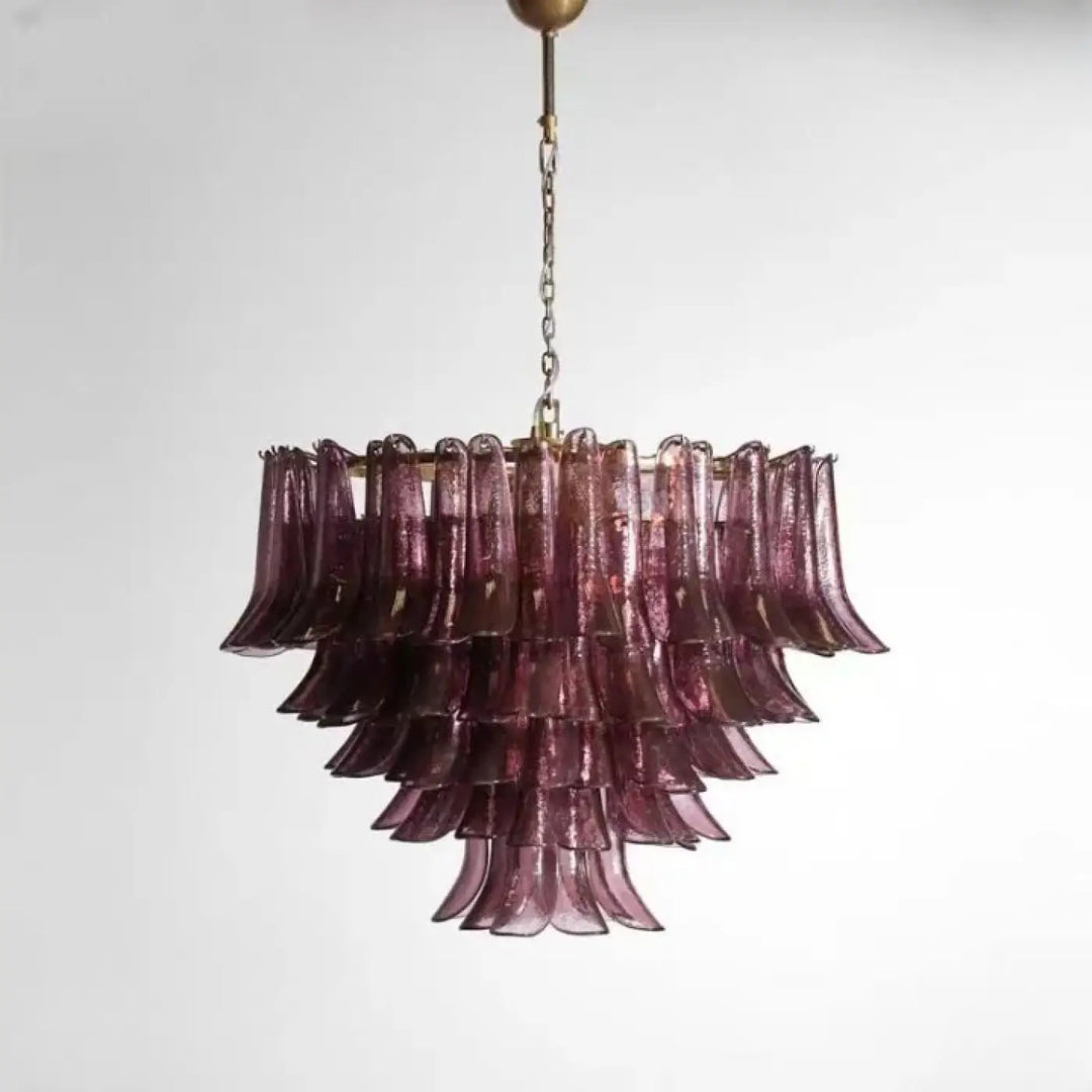 Suspension luminaire vandis effet cascade en verre sculpté violet profond avec chaîne et support finition laiton