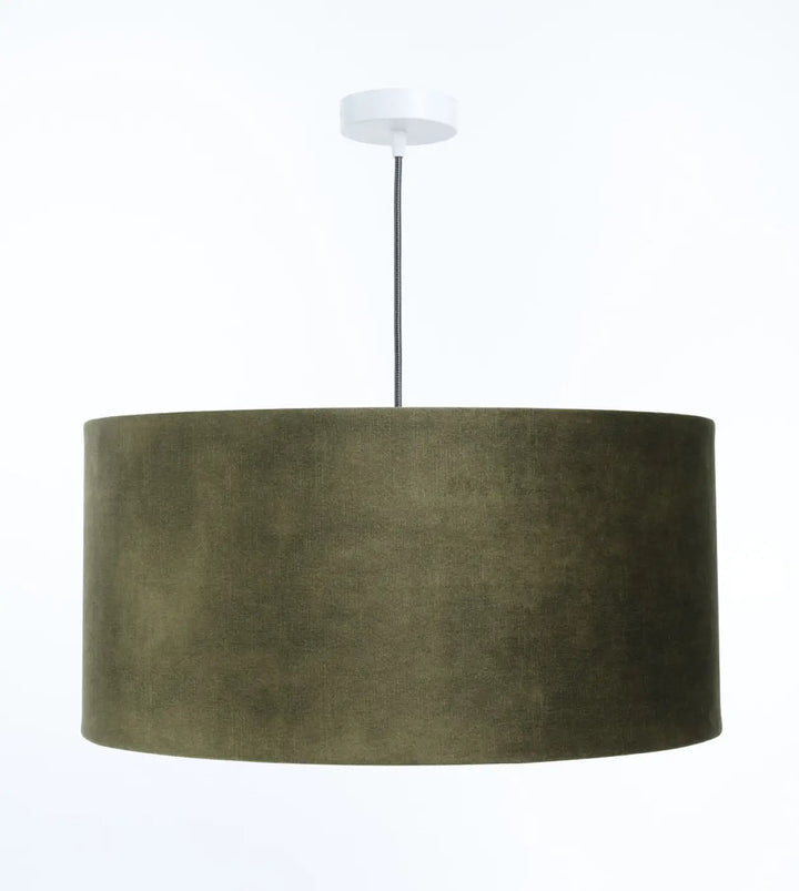 Suspension design vert olive en velours avec fixation plafond blanche et cordon noir pour éclairage décoratif