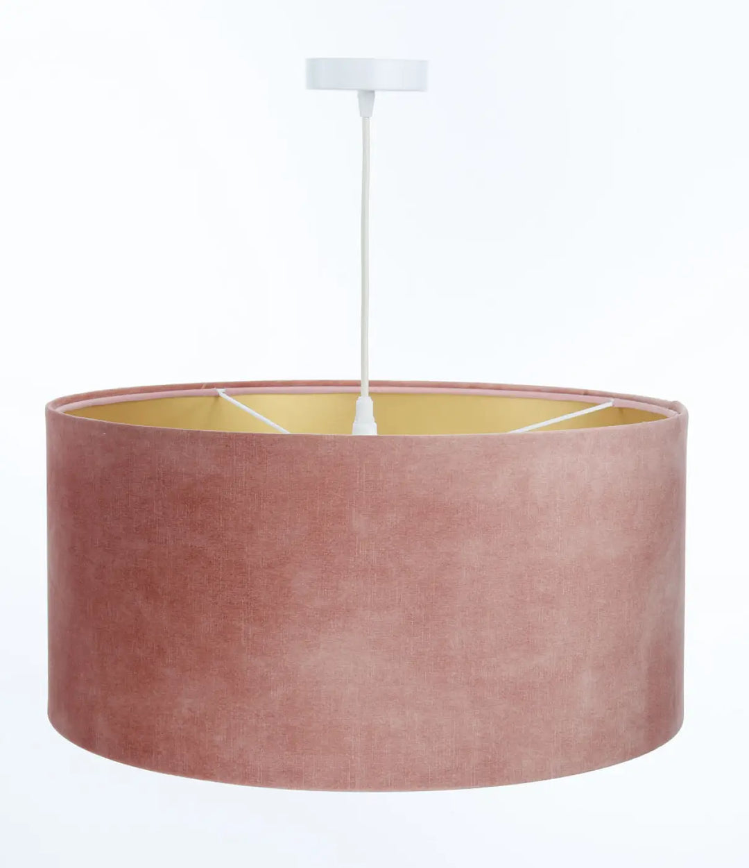 Suspension design vieux en velours vieux rose avec abat-jour textile élégant jaune et support blanc