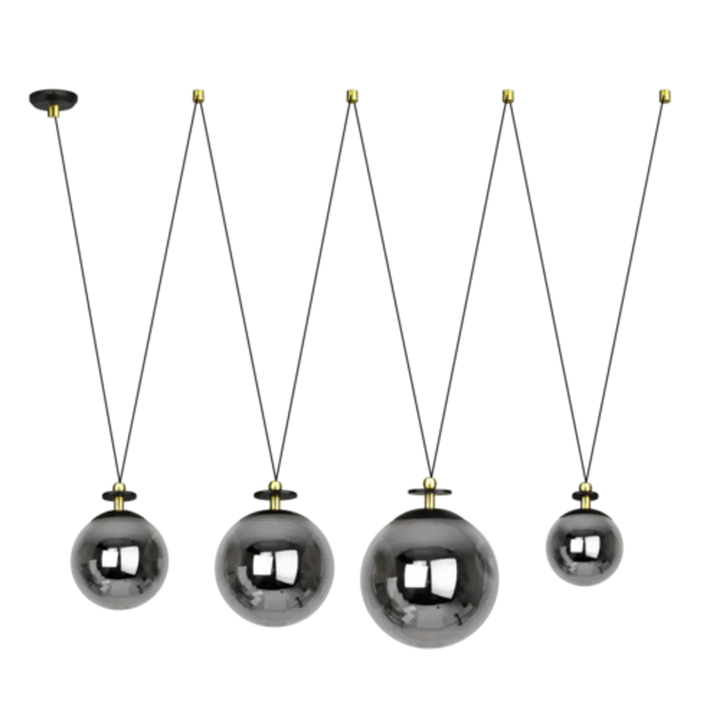 Suspension diane avec boules métalliques polies argentées et cordons noirs en suspension luminaire moderne