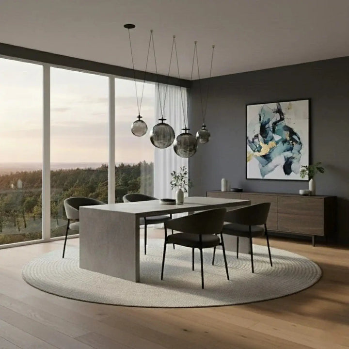 Suspension diane au-dessus d’une table à manger minimaliste en béton avec des chaises grises sur un tapis circulaire