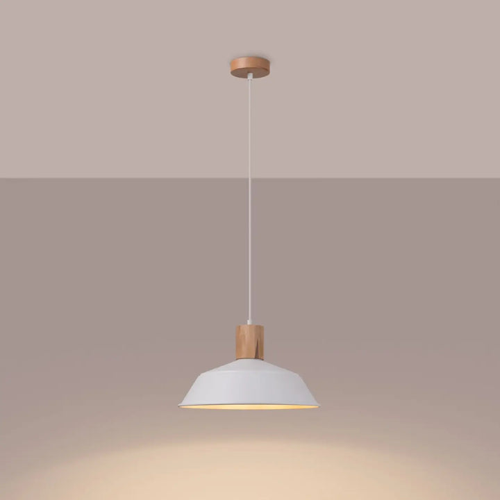 Suspension Fano à dôme en acier blanc et coiffe en bois, allumée