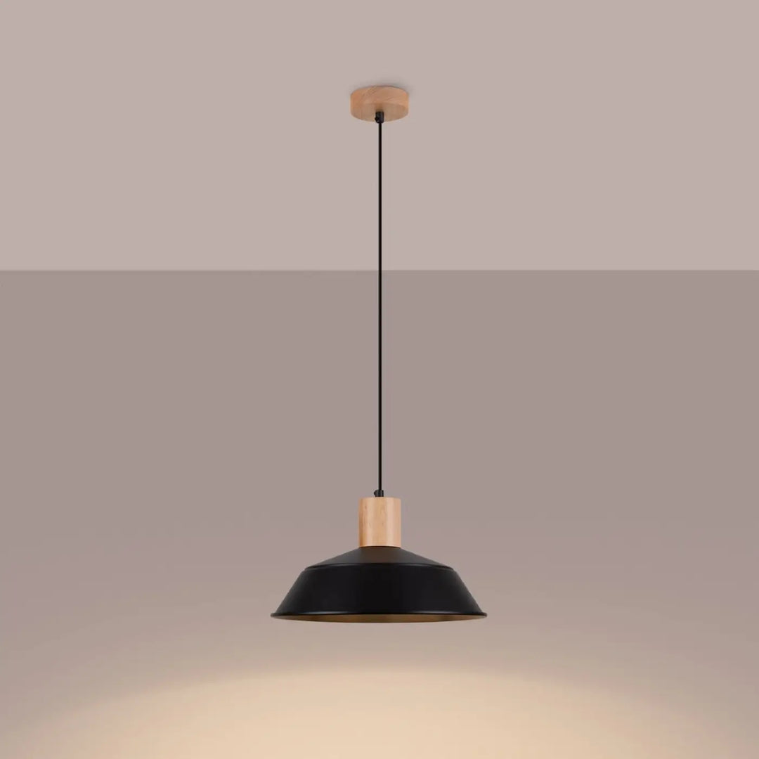 Suspension Fano à dôme en acier noir et coiffe en bois, allumée