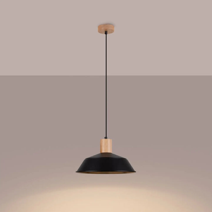 Suspension Fano à dôme en acier noir et coiffe en bois, allumée