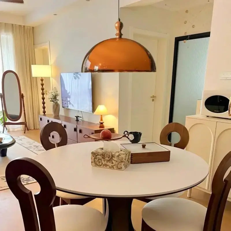 Suspension dôme en verre ambré et bois design vintage

