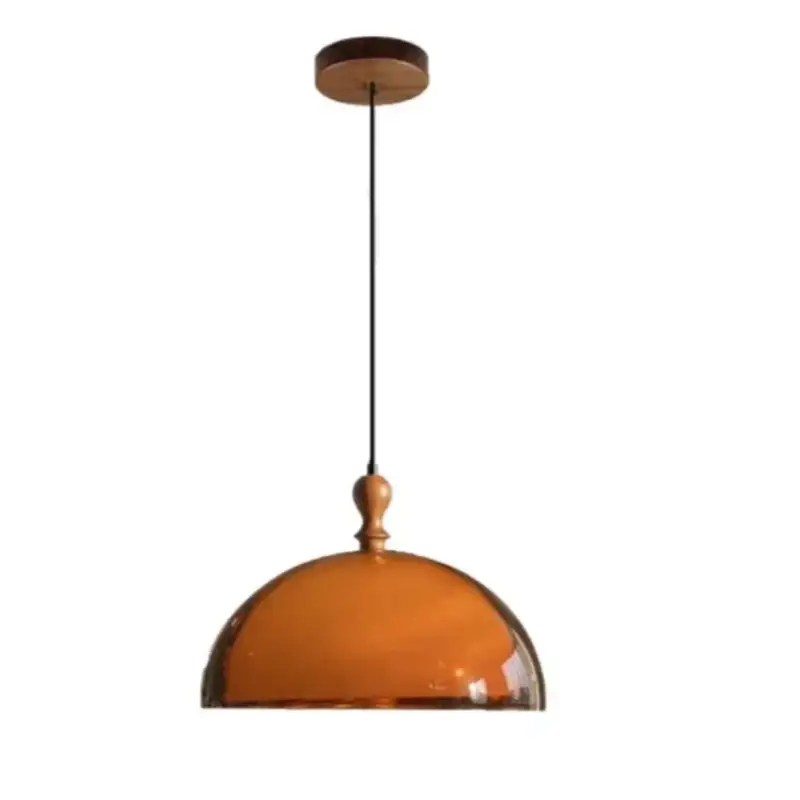Suspension dôme en verre ambré et bois design vintage

