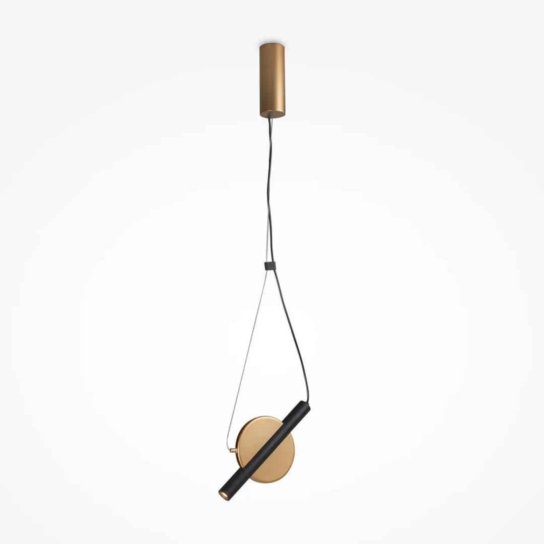 Suspension enigma led avec abat-jour cylindrique noir, base circulaire dorée et orientation réglable en laiton