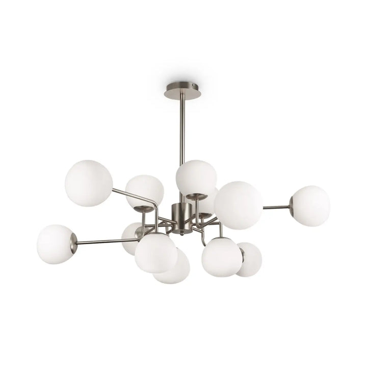 Suspension erich art déco avec finitions nickel brossé et globes en verre soufflé blanc givré multiple