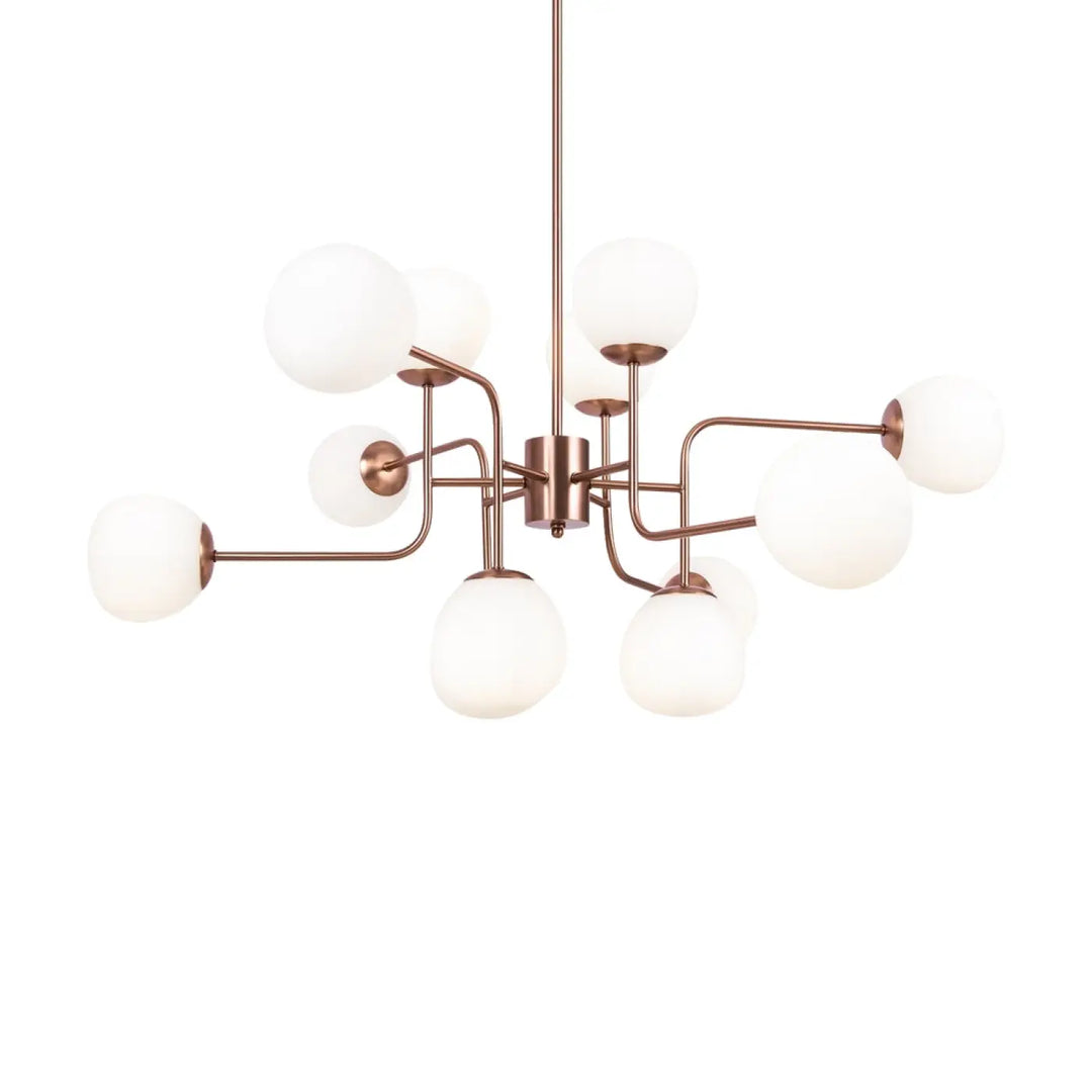 Suspension erich art déco avec cadre en métal rose doré et globes en verre soufflé dépoli multi globes
